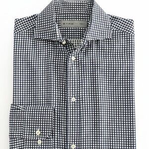 Etro Men's Navy White Check Shirt 41 Slim Fit Made in Italy